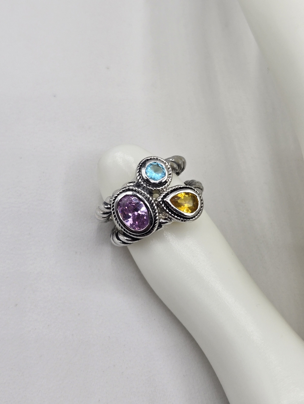 Swarovski Crystal Elements Silver Statement Ring Pink Blue Yellow Size 6.5